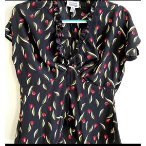 Unique Vintage Black Floral Blouse, Medium (6-8)